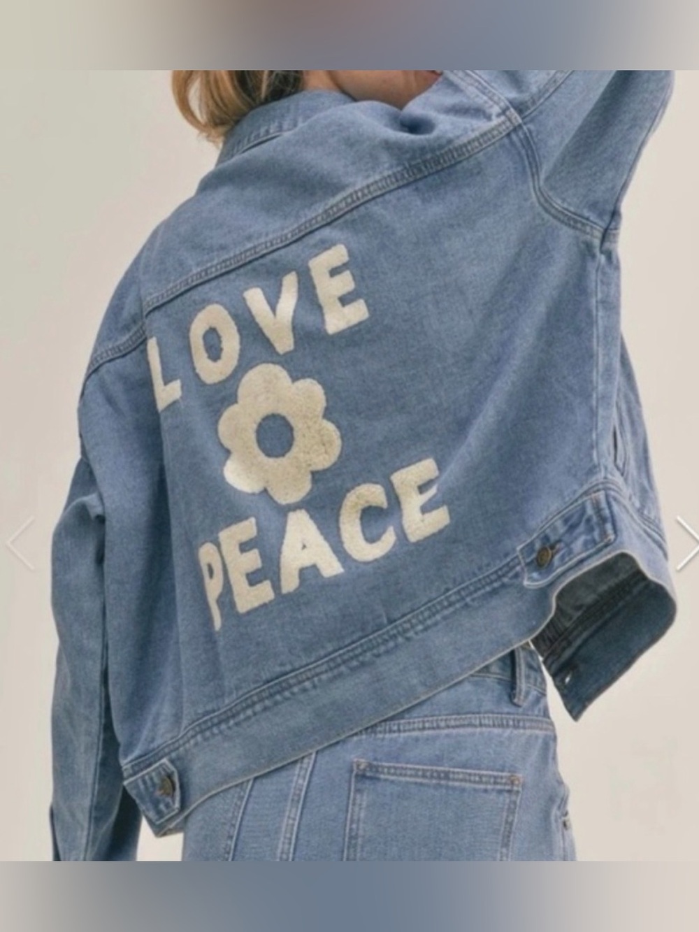 NWOT Sadie & Sage Light Blue Denim Jacket with Cream 'LOVE PEACE' Appliqué